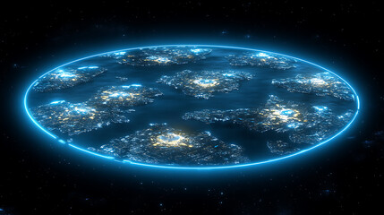 Futuristic Floating City with Lighted Islands and Glowing Border in Dark Space Environment 90 Chars