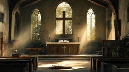 An empty Protestant church with a focus on the altar, featuring a wooden cross, an open Bible, and warm natural light.