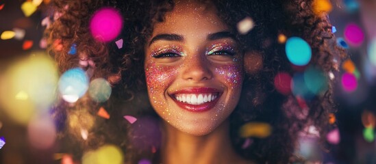 A joyous woman with glitter makeup smiling amid colorful confetti