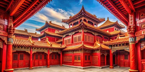 Obraz premium Panoramic red architecture: intricate patterns, symbolic designs, powerfully conveying cultural narratives.