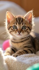 A playful tabby kitten with striking green eyes rests on a soft surface, surrounded by colorful toys, exuding charm and curiosity.