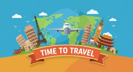 Colorful travel illustration featuring famous landmarks and airplane