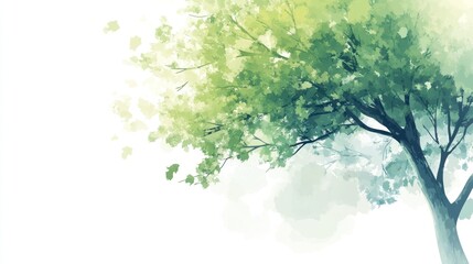 Lush green tree, leaves blowing, white background, nature illustration, website banner