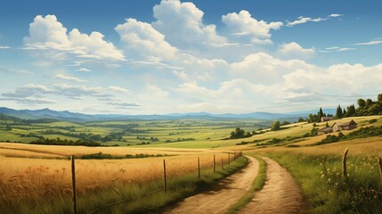Fototapeta premium A peaceful country road surrounded by tall, golden grass, leading through a patchwork of green and brown fields.