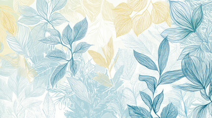 A soft, artistic illustration of various leaves in blue and yellow hues.
