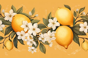Elegant citrus border design with lemons and white plum blossoms on beige background. Vintage botanical illustration for menu decoration and invitation templates