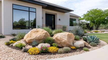 Modern desert landscape design with succulents and boulders in front yard