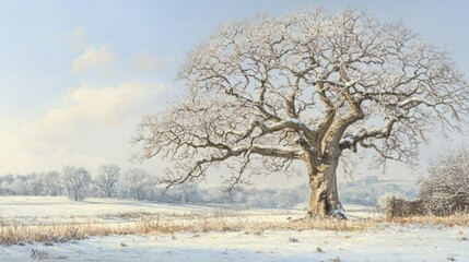 English oak tree in winter, bare branches reaching towards the sky, frost-covered grass below.