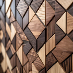 This high-resolution geometric wooden mosaic wall panel showcases a refined arrangement of precisely cut wooden tiles in a modern, elegant design.