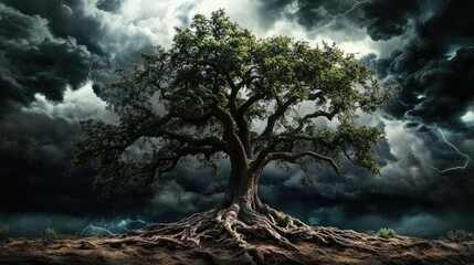 English oak tree with deep roots and sprawling branches, standing strong against storm clouds.