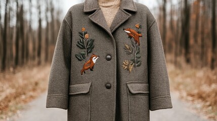 Vintage coat with embroidered birds and nature in autumn forest setting