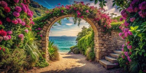 Obraz premium Retro photo reveals a secret beach path: vibrant flowers frame a charming stone walkway to paradise.