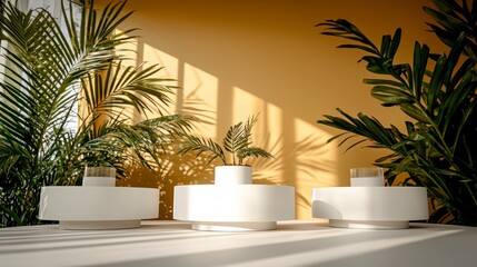 Minimalist White Podiums  Plants  Sunlight  Beige Background  Product Display  Studio Shot