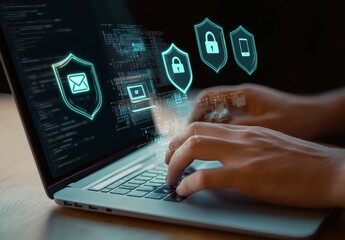 Close-up of Hands Typing on Laptop with Floating Digital Security Icons Representing Cyber Protection