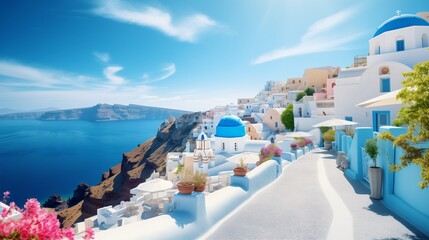 Fototapeta premium A picturesque road in Santorini, Greece, with whitewashed buildings, blue domes, and a breathtaking view of the Aegean Sea.
