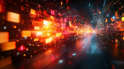 Obraz premium A digital art piece with a vibrant glitch effect, symbolizing futuristic technology and innovation, showcasing modern abstract elements in a visually captivating style.