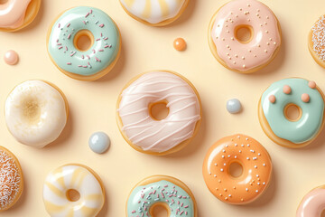 Fototapeta premium Aesthetic pastel donuts with elegant icing and decorative sprinkles 