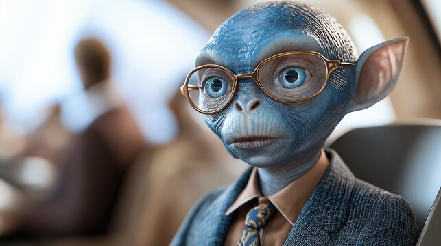 Quirky blue alien in glasses and suit on airplane journey