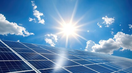 Large solar farm with rows of blue photovoltaic panels under a bright sunny sky, renewable energy concept.