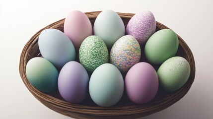 Obraz premium Pastel Easter Eggs in Wooden Basket Spring Holiday Decor