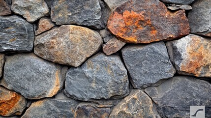 A close-up of an old, weathered stone wall with various colors and shapes of rocks. The texture is rough and uneven, creating contrast between the dark gray color of one rock and another that has red 
