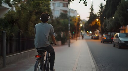 Naklejka premium A young man riding a bicycle on an empty street in Istanbul, wearing headphones, Generative AI