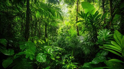 Fototapeta premium Lush green undergrowth in a thick forest, nature thriving in a secluded ecosystem.