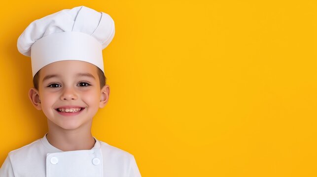 Cheerful little chef in white uniform and hat against bright yellow background