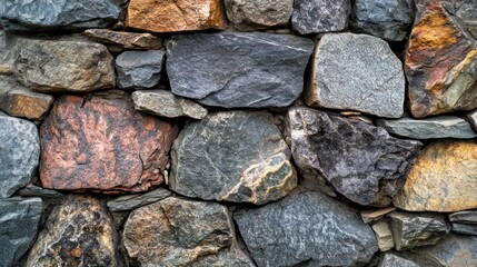 Fototapeta premium A close-up of an old, weathered stone wall with various colors and shapes of rocks. The texture is rough and uneven, creating contrast between the dark gray color of one rock and another that has red 