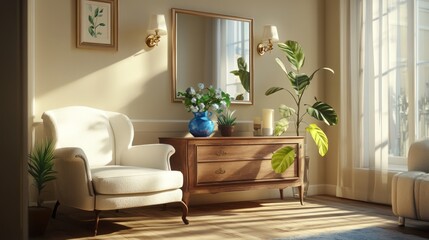 Sunlit living room with armchair, wooden dresser, plants