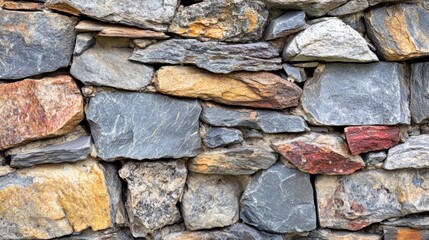 Fototapeta premium A close-up of an old, weathered stone wall with various colors and shapes of rocks. The texture is rough and uneven, creating contrast between the dark gray color of one rock and another that has red 