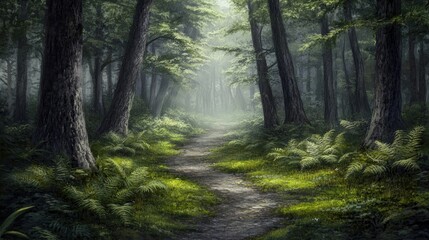 Fototapeta premium Misty forest path surrounded by towering trees, ferns and moss softening the ground.