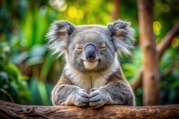 Fototapeta premium Sleepy koala's fluffy fur, a peaceful wildlife scene. Cute Aussie animal, great nature photography.