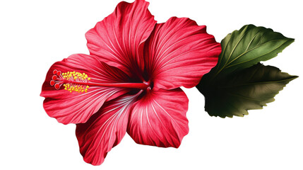 Vibrant red hibiscus flower blooming with green leaves on transparent background