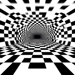Naklejka premium Geometric Black and White Checkered Pattern Optical Illusion Tunnel Visual Perspective Art