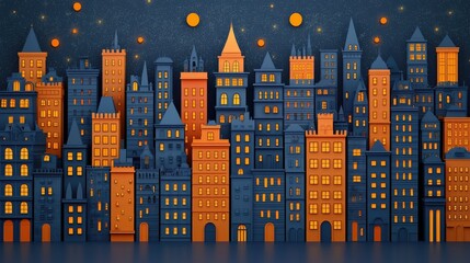 Storytelling Day concept. Enchanting Nightscape of a Whimsical City Skyline with Illuminated Towers and Structures