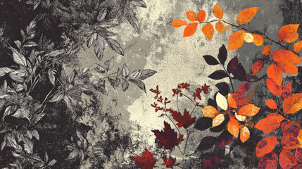 A textured design featuring colorful autumn leaves against a muted background.