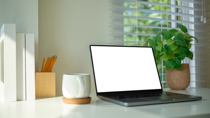 Modern workspace setup with a laptop, coffee mug, and a green plant by the window, illuminated by natural light.