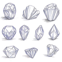 Geometric Crystal Formation Sketches Artistic Stone Designs Hand Drawn Gemstone Rough Mineral Illustrations