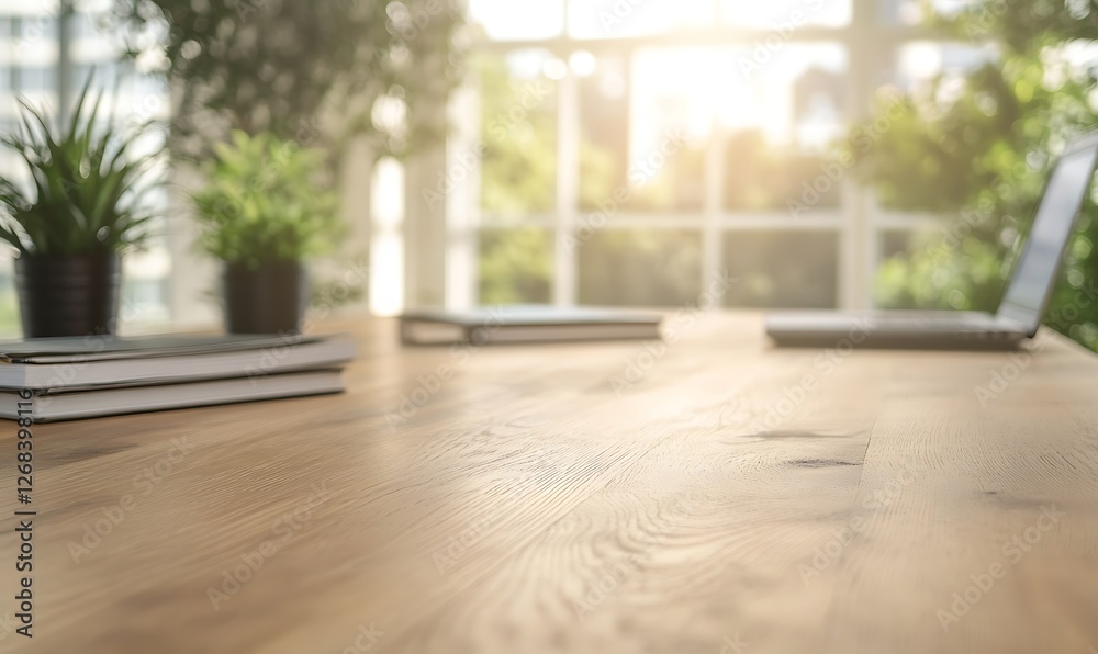 Poster A minimalist wooden tabletop with a softly blurred background, ideal for modern interiors and design projects.