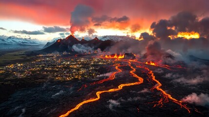 Fototapeta premium Fiery Volcanic Eruption Lava Flow Sunset Mountain Landscape