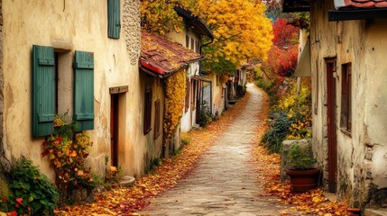Fototapeta premium Autumnal Charm: Picturesque European Village Street