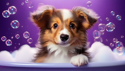 Collie am Badetag, lila Hintergrund