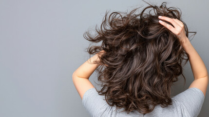 Naklejka premium A person with curly hair is seen from the back, playfully tousling their hair against a neutral gray background.