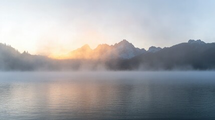 Sunrise at Lake Eibsee, mist hovering above the water while Zugspitze glows in the morning light.