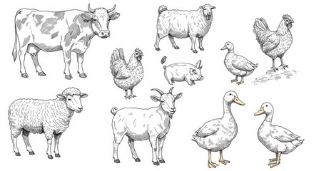 Illustrations of Farm Animals Including Cows, Sheep, Chickens, and Ducks
