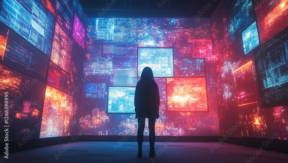 Poster exploring the digital matrix: a person observes immersive data streams in a futuristic environment.