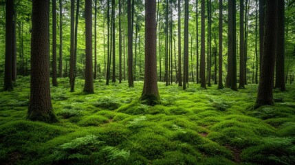 Fototapeta premium Thick forest floor covered in moss and ferns, towering trees creating a serene atmosphere.