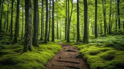 Obraz premium Thick forest floor covered in moss and ferns, towering trees creating a serene atmosphere.