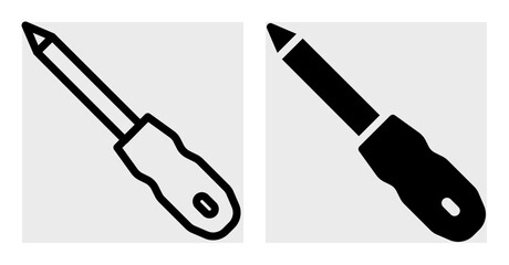  A clean black-and-white screwdriver icon, representing tools and home improvement. Comes in outline and solid styles, great for tool shops, instructional graphics, and repair service branding.